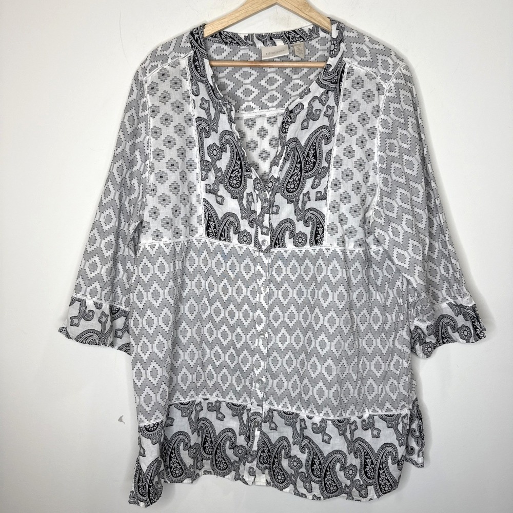 Chico's Aztec Western Button Up Blouse Top Womens L 3 Black White Paisley V Neck